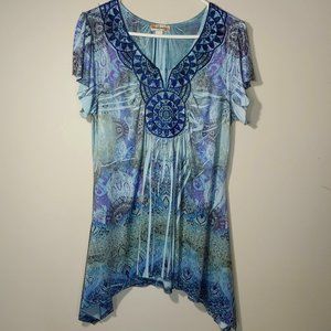 World Unity Abstract Print Emboidered Gemstones Short Sleeve Blouse Size…